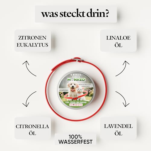 Monked | Natürliches Halsband für Hunde ohne Chemie | Bis zu 8 Monate Schutz | Anti-Zecken & Flohschutz | Verstellbar für alle Größen | Langzeit Zeckenschutz (Rot, Universal)