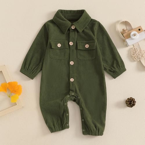 Karuedoo Newborn Baby Boy Girl Clothes Corduroy Long Sleeve Button Up Romper Jumpsuit Collared Bodysuit Fall Winter Outfit2