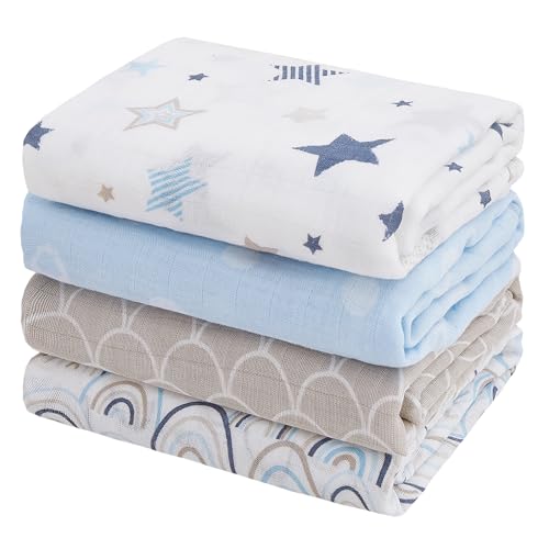 Image of Softan Muslin Swaddle Blankets for Baby Girl & Boy, 47X47In Receiving Blankets for Newborn, Swaddle Blanket Set Soft Silky & Breathable,Blue Rainbow and Five-Pointed Star, 4 Pack