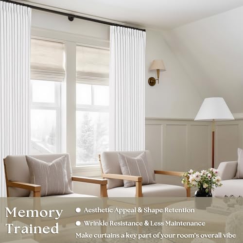 Image of Extra Long Snow White Pinch Pleated 132 Inch Linen Curtains 2 Panels for Living Room Bedroom Memory Training Shaped Semi Sheer Pleat Drapes with Hooks Rings Light Filtering Window Curtain 40x132