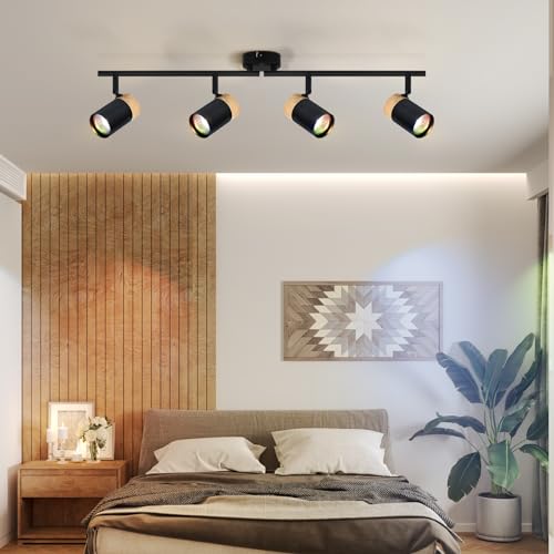Glitzerlife sufitowy reflektor drewniany czarny lampa sufitowa - lampa sufitowa 4 płomienie GU10 LED obrotowy 330° reflektor do salonu sypialni kuchni pokoju dziecięcego bez żarówek