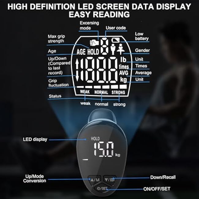 Electronic Grip Strength Tester 198Lbs / 90Kgs, Digital Hand Dynamometer with Backlit LED for Grip Strength Testing and Training, Hand Grip Strength Dynamometer for Sports, School and Home Use