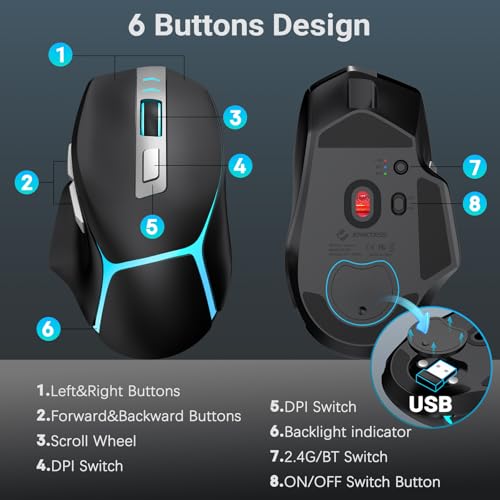 JOYACCESS Computer Mouse Wireless, Supports Bluetooth, 2.4G and Wired Connections, RGB Backlit Rechargeable Ergonomic Optical Mouse, Wireless Mouse for Laptop, Pc, Chromebook, Notebook - Black by JOYACCESS - Image 5