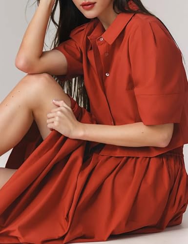 Image of Womens Summer 2 Piece Outfits Skirt Sets Button Short Sleeve Tops Elastic Waist Maxi Dress Sets with Pockets