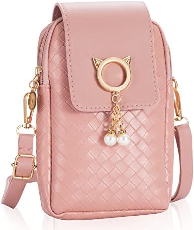 HOTKMB Crossbody Cell Phone Bag Girl Cute Cat Mobile Phone Wallet Bag With Pearl Pendant Adjustable Shoulder Strap Mini Pu Leather Women Shoulder Bag Pink/Black