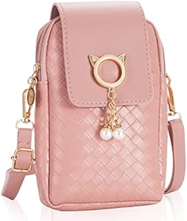 HOTKMB Crossbody Cell Phone Bag Girl Cute Cat Mobile Phone Wallet Bag With Pearl Pendant Adjustable Shoulder Strap Mini Pu Leather Women Shoulder Bag Pink/Black