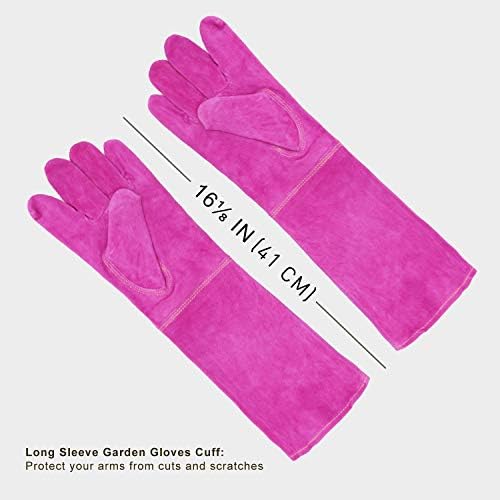 FACELANDY Gardening Gloves for Women & Men, Cowhide Leather Long Sleeve Rose Pruning Gloves, Thorn Proof Garden Work Gauntlet with Forearm Protection (L, Pink)