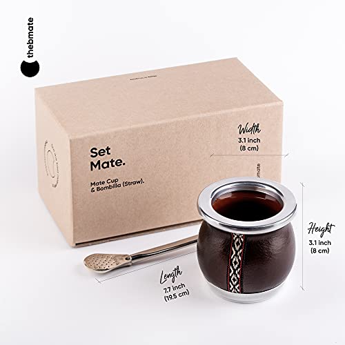 Thebmate [Tiny Mate Premium Set Yerba Mate Cup - Crafted Ceramic Teacup - Brown Leather Wrapped Handmade In Uruguay - Set Mate Tiny With German Silver Bombilla Straw And Cleaning Brush (Dark Brown) #TOP2