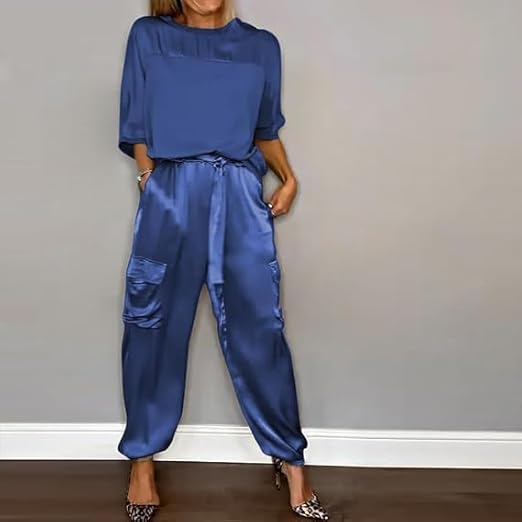 Qizaitz Soepele satijnen top en broek met halve mouwen, casual