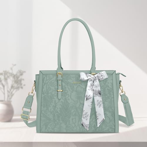 Image of MOSISO Laptop Bag for Women, PU Leather Tote Bag, Front Embossed Retro Hibiscus Computer Bags with Silk Scarf&Clutch Purse