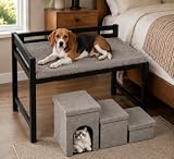 Bedside Dog Bed with Mattress - Raised Wooden Pet Cosleeper with Guardrail, Removable Mattress & 3-Step Foldable Stairs, Freestanding Bassinet-Style Elevated Dog Bed for Medium Sized Dogs