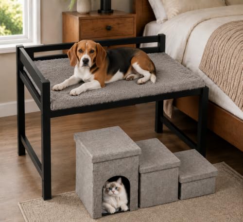 Bedside Dog Bed with Mattress - Raised Wooden Pet Cosleeper with Guardrail, Removable Mattress & 3-Step Foldable Stairs, Freestanding Bassinet-Style Elevated Dog Bed for Medium Sized Dogs