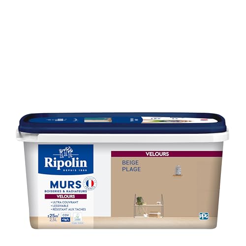 RIPOLIN - Peinture Intérieure Multi-Supports – Murs, Boiseries & Radiateurs – Ultra couvrante - Monocouche - Confort d'application - Aspect Velours - Beige Plage - 2,5L