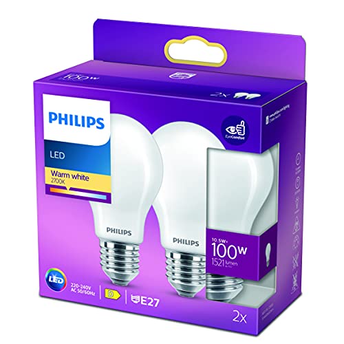 Bombillas Led E27 Philips LED Classic Bombilla, 100 W, Estándar A60 E27, Mate, Luz Blanca Cálida, No Regulable, Pack de 2 Unidades