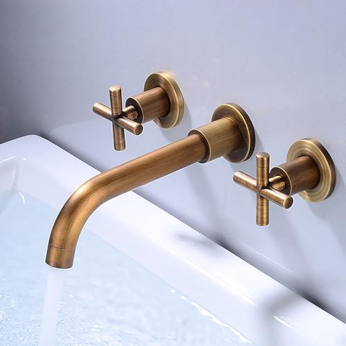 FQYEP Rubinetto A Parete per Lavatoio 3 Fori Miscelatore Lavabo Bagno Vintage Doppia Maniglia Ottone,Antico