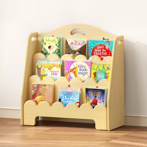 Image of ONBRILL 3-Tier Montessori Wooden Bookshelf for Kids, Toddler Book Rack Toy Organizer and Storage, Small Book Display Stand for Baby, Bookshelves Furniture for Classroom, Nursery, Playroom, Library