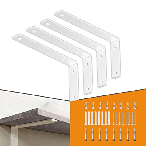CLT White Shelf Bracket, 12” X 5” Quarter Inch (1/4") Thick- Max Load: 440 lb Rustic Industrial Modern Farmhouse Heavy Duty Cold Rolled Steel Bracket for Table Bench, Space Saving DIY, Pack of 4