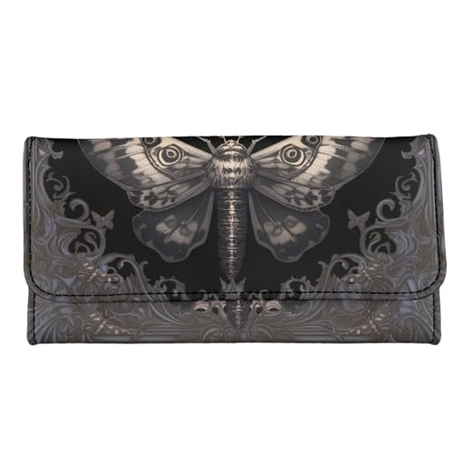 Goth Moth Purse Black PU Leather Slim Wallet for Women, Gothic Floral Long Trifold Clutch Checkbook Wallets with Zipper Pocket, Vintage Victorian Purse Credit Card Holder4