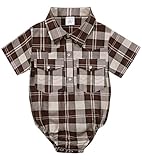 COSLAND Baby Boy Cowboy Shirt Western Plaid Bodysuit, Brown Grey, 0-3 Months