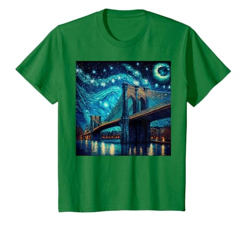 Brooklyn Bridge New York Starry Night T-Shirt, Youth, Kelly Green, Medium