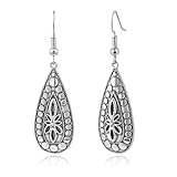 Weviway Vintage Boho Style Silver Drop Earrings, Teardrop Flower Design, 5 cm Length, Fish Hook Closure, Silver Plated