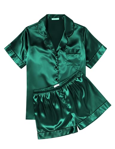 Image of Ekouaer Womens Silk Satin Pajama Sets Soft Short Sleeve Button Down Sleepwear Top and Shorts 2 Piece Pjs Lounge Set