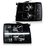 CNNELL LED DRL Headlight Front Lamps Compatible with Chevy Silverado 1500 2007-2013/2500 3500 & HD Models 2007-2014((LED Clause Type Smoky lens Black Housing Clear Reflector) 22853027, 22853028, Pair