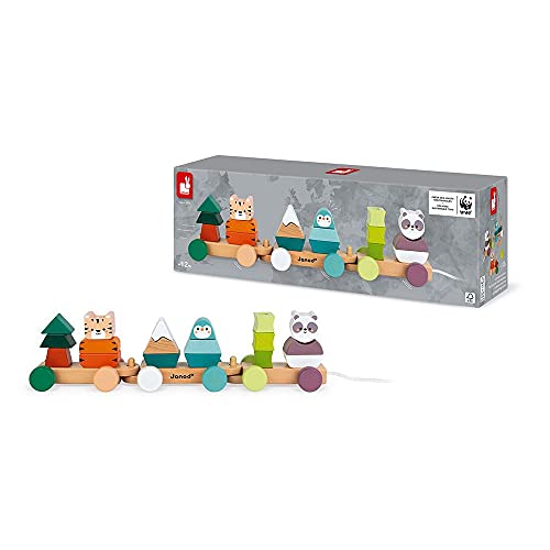 Image of Janod World Wildlife Federation - Pull Along 21 Piece Animal Stacking Train - Ages 2+ - J08603