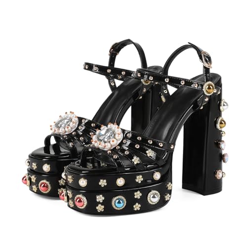 Image of Feinlina Rhinestone Platform Chunky Heels for Women Open Toe Ankle Strap Dress Pumps with Gems Green Pink Floral Print Embroidery Wedding Party Sandals