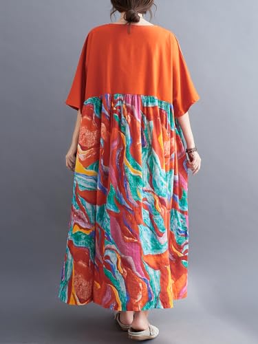 Image of Women's Oversized Dress Plus Size Summer Dress Artsy Print Pathwork | Loose, Oversized Cut Baggy Dresses. O Neck with Pockets. Breathable Viscose Fabric for Summer. Colorful Print Patchwork