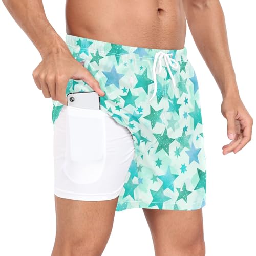 Mint Green and Blue Stars Men's Swimming Trunks Men's 2 Layer Workout Shorts with Phone Pocket Quick Dry S3