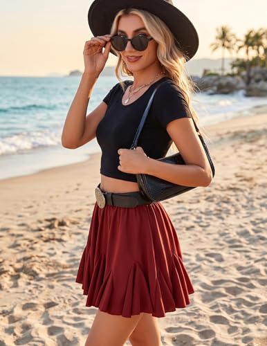 Image of Avidlove Women's Pleated Skirt Boho Ruffle Flowy Mini Skirts High Waisted Flared Skater Skirt Basic Outfits
