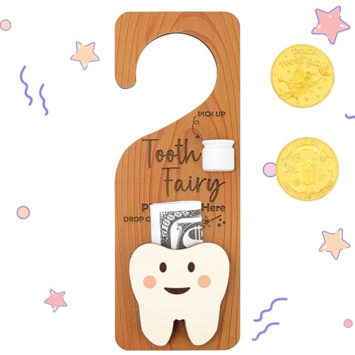 WALLFID 2-in-1 Design Tooth Fairy Door Hanger,Tooth Design Tooth Fairy Tooth Holder with Gift Compartment,Tooth Fairy Gifts Including Tooth Fairy Coins,Ideal for Celebrating Lost Teeth (Wood 1)