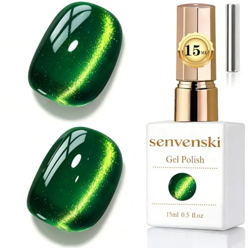 senvenski Jelly Glass Cat Eye Gel Nail Polish with Magnet 15ML Magnetic 3D Galaxy Holographic Glitter Translucent Sheer Color Gel Polish Salon Home DIY (Emerald Green, MY1-029)