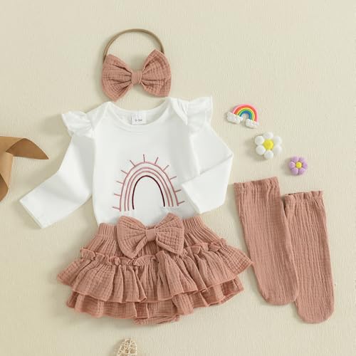Thorn Tree Newborn Girl Clothes Rainbow Long Sleeve Romper Baby Girl Bloomers Tutu Skirt Headband Socks 4Pcs Fall Outfits3