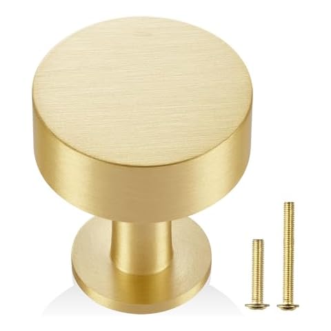 QOGRISUN 10-Pack Solid Brass Cabinet Knobs, Circular Gold Knobs for Dresser Drawer, 1.1-Inch Diameter, Modern Kitchen Hardware, Brushed Brass Finish Cover