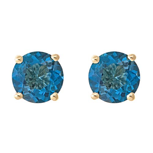 Gin and Grace 10K Yellow Gold Stud Earring with Genuine London Blue Topaz Earrings with Diamonds for women | Ethically, authentically & organically sourced (Round-cut) shaped London Blue Topaz hand-crafted jewelry for her | London Blue Topaz Earrings
