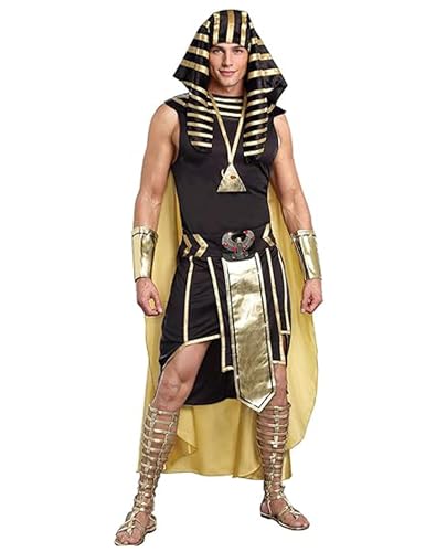Dubute Disfraz de faraón egipcio de Halloween para hombre, disfraz de rey de Egipto, tocado para fiesta de cosplay, traje de 7 piezas (negro, XXXL)