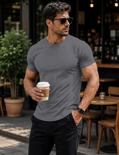 Image of JMIERR Mens Short Sleeve T Shirt Summer Muscle Slim Fitted Crewneck Longline Tees Shirts for Gym Workout
