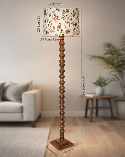 Image of HomesakeRustic Wood Floor Lamp for Living Room Walnut Brown with Multicolor Fabric Lamp Shade | Light Decoration | Side Lamp for Living Room & Bedroom | Antique Floor Light, Vine and Flowers
