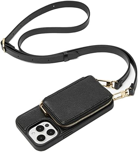 ZVE iPhone 13 Pro Max Crossbody Wallet Case, Zipper Leather Phone Case with RFID Blocking Card Holder Wrist Strap Purse Cover Gift for Women for iPhone 13 Pro Max (6.7 inch, 2021)- Black