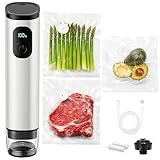 Premium Metal Handheld Vacuum Sealer, Vacuum Sealer for Food with Power Display & Detachable Tank, 60kPa Strong Suction, Includes 30 Reusable Bags & Wine Stopper for Food Preservation- Silver