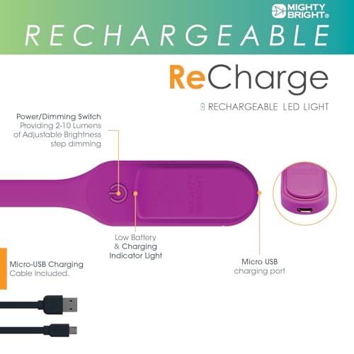 Image of The Original Mighty Bright Recharge Clip On Rechargeable Book Light Reading Light, Warm Eye Care LEDs, Flexible, Durable, Dimmable, Perfect for Kids, Bookworms, Reading in Bed, Lasts 60 Hours (Purple)