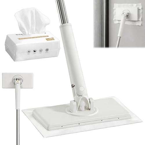 Disposable Dust Mop with 50 Towels 120CM Sweeper Mop Set Auto Clamp Any Cloth Snap Grip Mini Lazy Mop Clip on 360 Hands Free Multi Purpose Flat Mop Cloth Clip Mop for Floor Wall Bathroom Kitchen