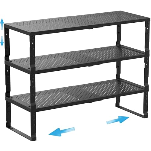 Wobmmi Expandable Spice Rack Kitchen Cabinet Shelf Organizer, Stackable Storage Shelves Racks, Adjustable Counter Shelving for Cabinets, Countertop, Cupboard,Pantry and More(3Packs/Black/Medium)