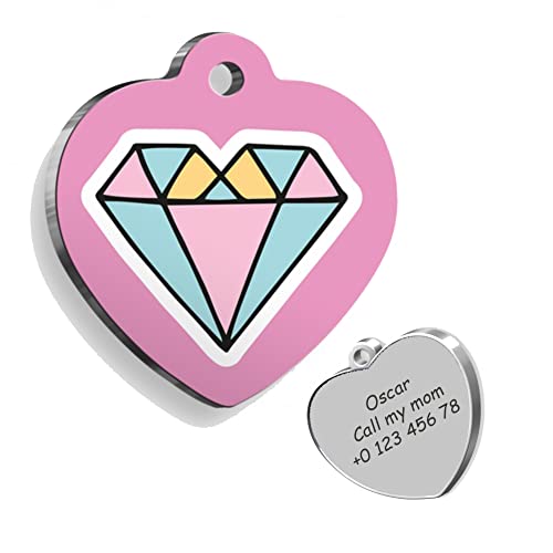 Diamond Heart Pink Personalized Dog Tag - Custom Name Tag - ID Tag for Dog & Cat - Customized Pet Tags - Dog Name Tag - Cat Name Tag - Engraved Dog Tag