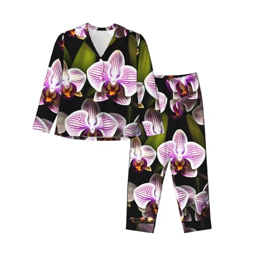Ensemble de pyjama manches longues femme respirant et fluide imprimé orchidées