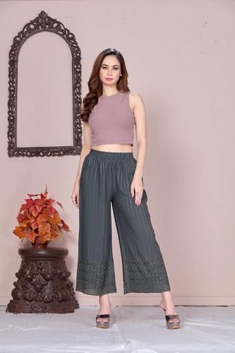 Image of VIVIKA Chikankari Palazzo Pants for Women |Rayon Wide Leg Ethnic Palazo with Embroidery | Comfortable Elastic Waist Women's Palazzo for Casual, Festive & Office Wear