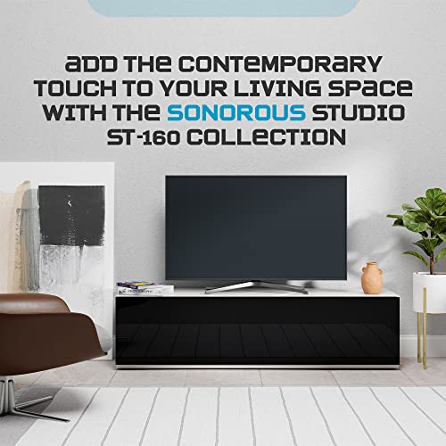 Sonorous St-160B Tv Stand - Modern Wood And Glass Tv Cabinet With 6 Shelves For Storage Accessories, Audio/Video Components & Consoles, With Hidden Wheels, Support Sizes Up To 75" - Black Wood Cover #TOP5
