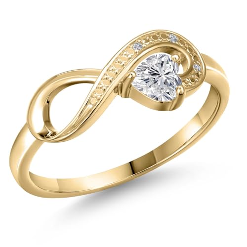 Gem Stone King 10K Yellow Gold 4MM Heart Gemstone Birthstone & Diamond Accent Infinity Ring | Heart Shape Wedding Engagement Anniversary Promise Ring For Women | White Lab Grown Diamond-April | 7